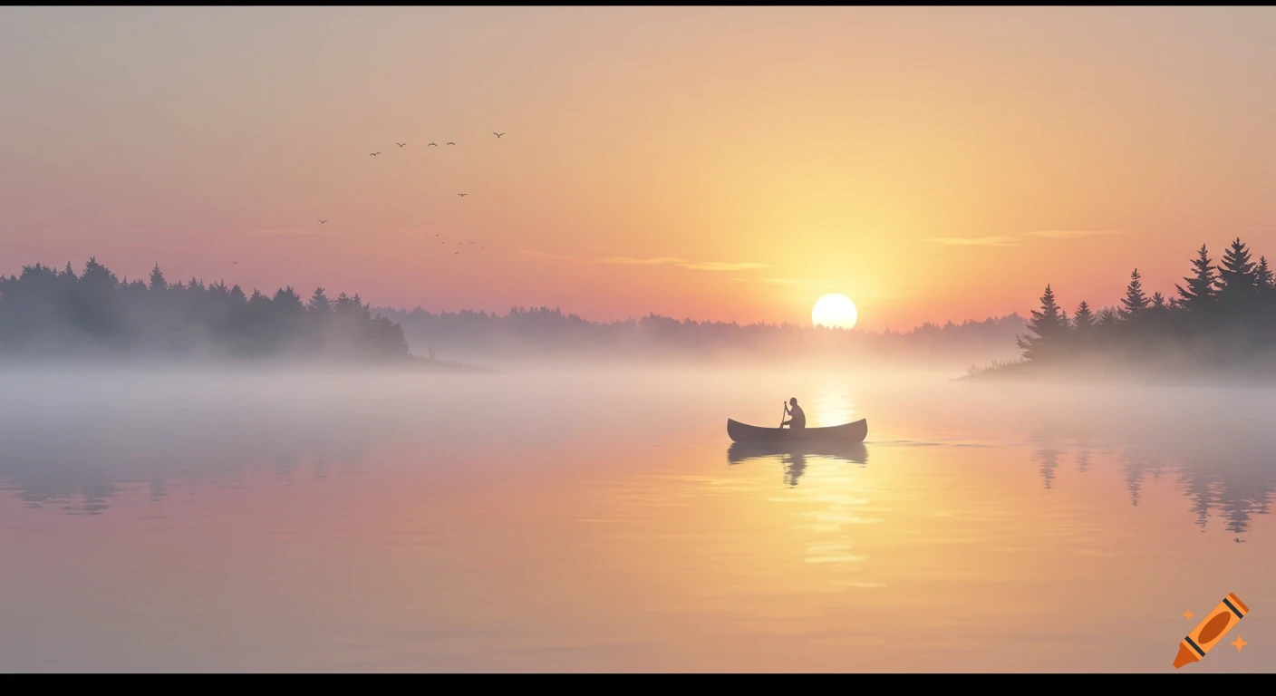 A silhouette of a person paddling a canoe on a misty lake at sunrise with a forest in the background.