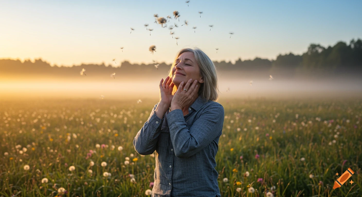 A middle-aged woman smiles with closed eyes, hands near her face, standing in a misty, sunlit field with dandelion seeds floating around her.