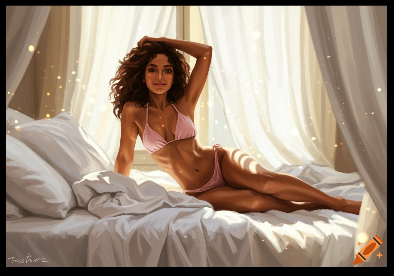 Illustration of a woman with dark curly hair and light brown skin in a pink bikini lying on a white bed bathed in sunlight.