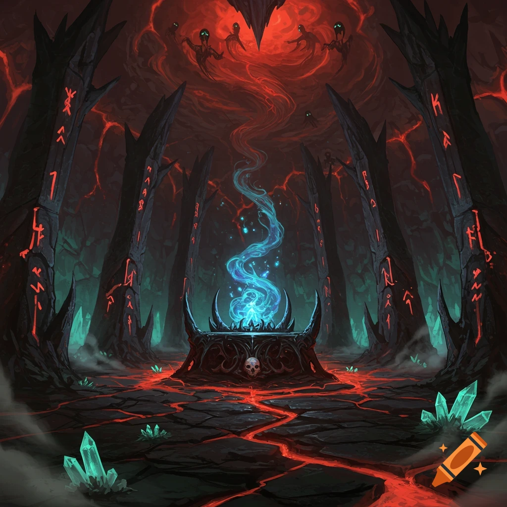 A dark abyssal chamber with a cracked, glowing red floor and tall pillars etched with eldritch runes. A central altar emits blue energy, beneath a red vortex with ghostly figures.