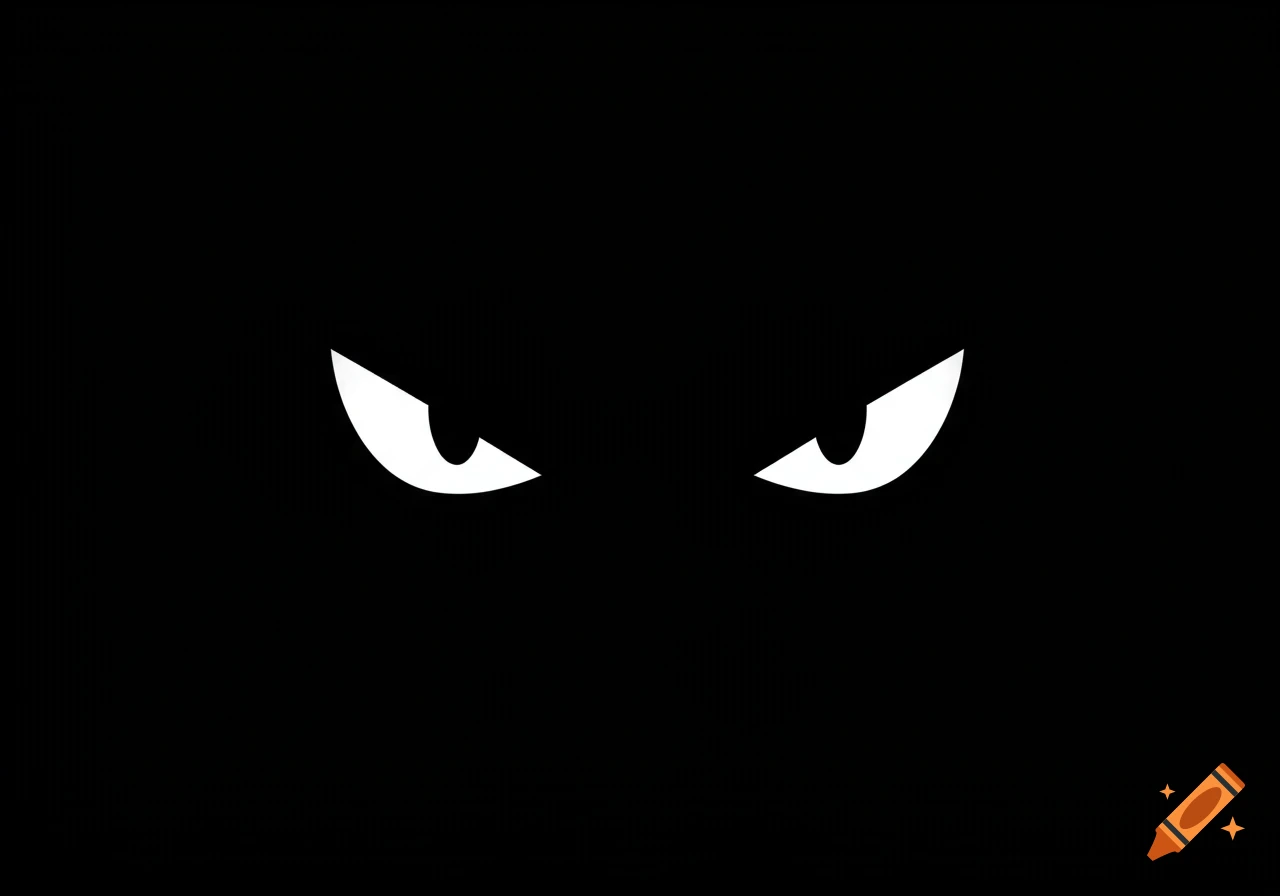 Two white glowing minimalist cartoon eyes stare with a suspicious expression on a pitch-black background.