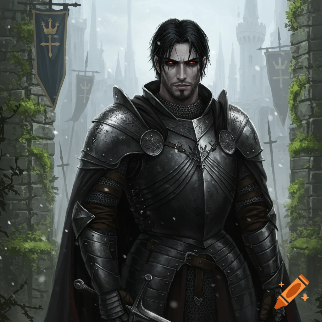 A brooding knight in dark armor with red eyes stands before a stone castle in a snowy, medieval setting.
