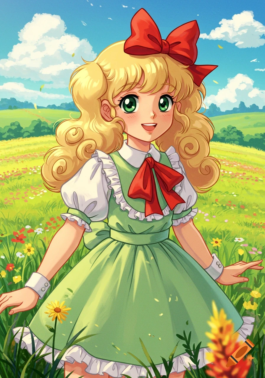 Anime illustration of a blonde girl with green eyes in a green dress and red bows, standing in a sunny field of colorful flowers.