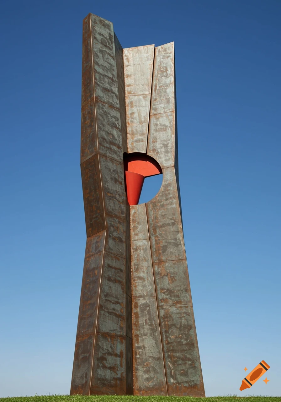 A large, weathered metal sculpture with a trapezoidal front, featuring a circular cutout revealing a bright red conical interior, set against a clear blue sky.