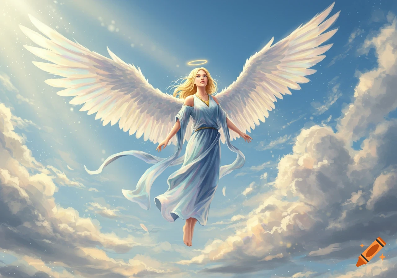 An angel with large white wings and a light blue flowing gown floats in a bright blue sky with white clouds.