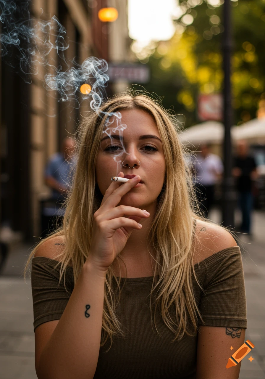 Close-up portrait of a blonde woman with a nose ring, smoking a cigarette and exhaling smoke. She wears an off-the-shoulder top.