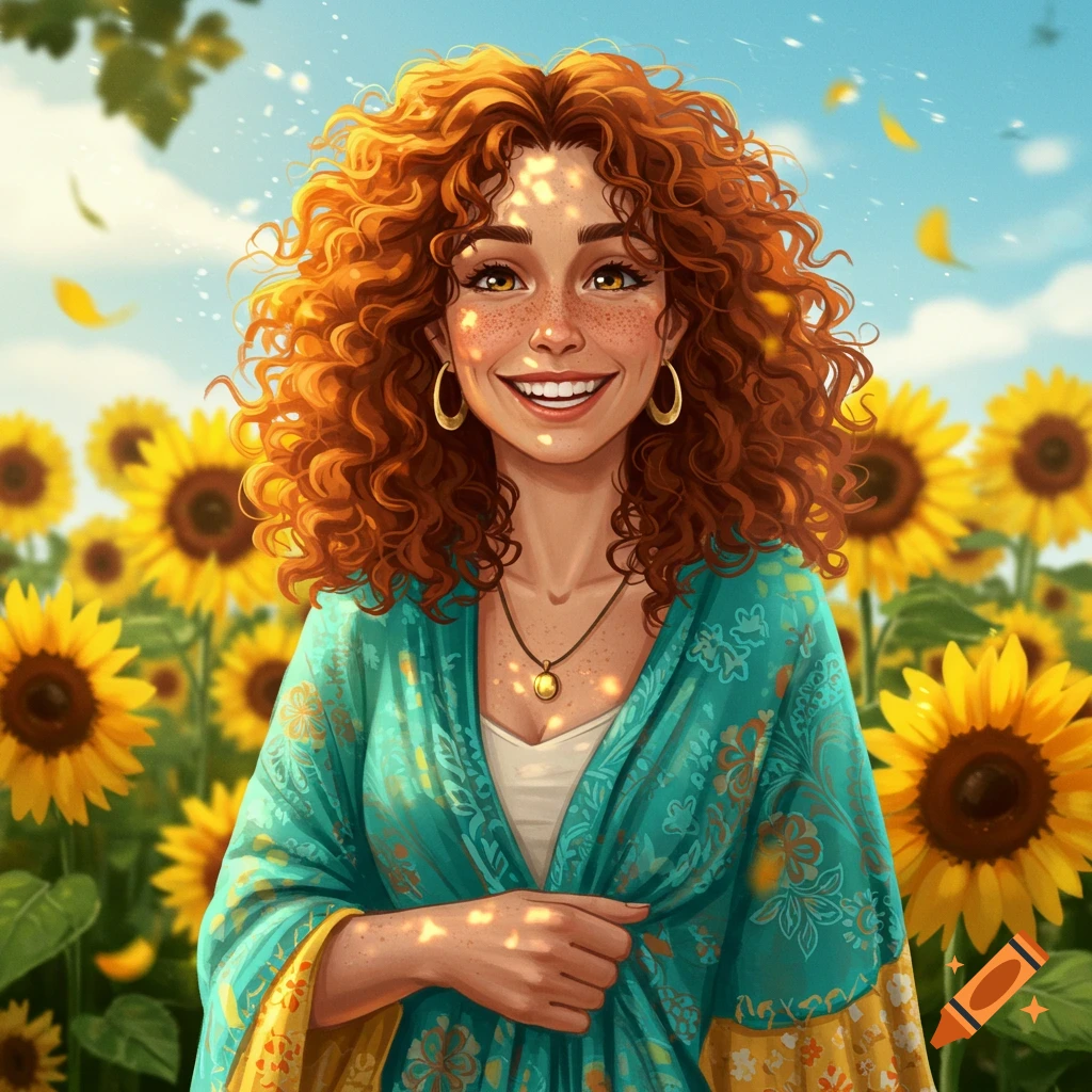 A smiling woman with auburn curly hair and freckles in a sunflower field, wearing a teal patterned top. Digital art.