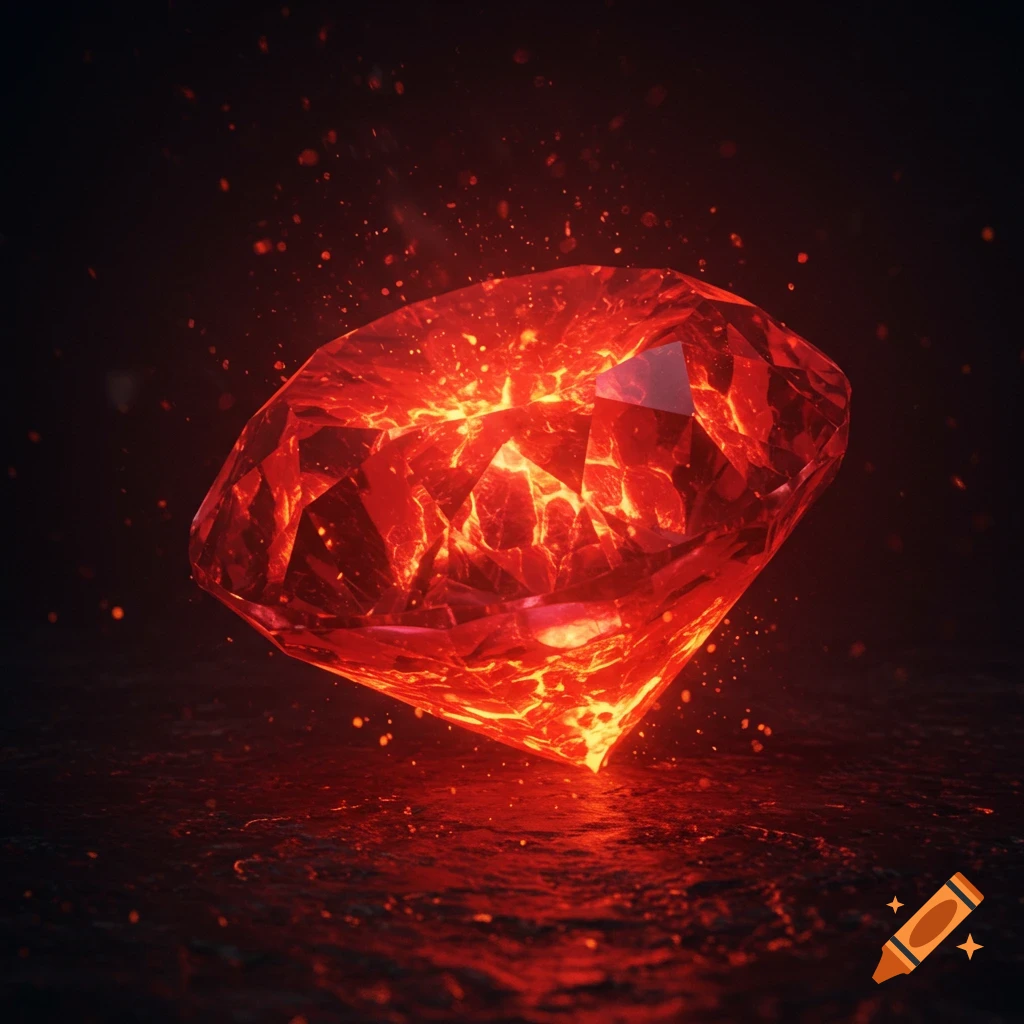 A deep red ruby glowing with fiery orange light, sitting on a dark, textured surface with floating embers.