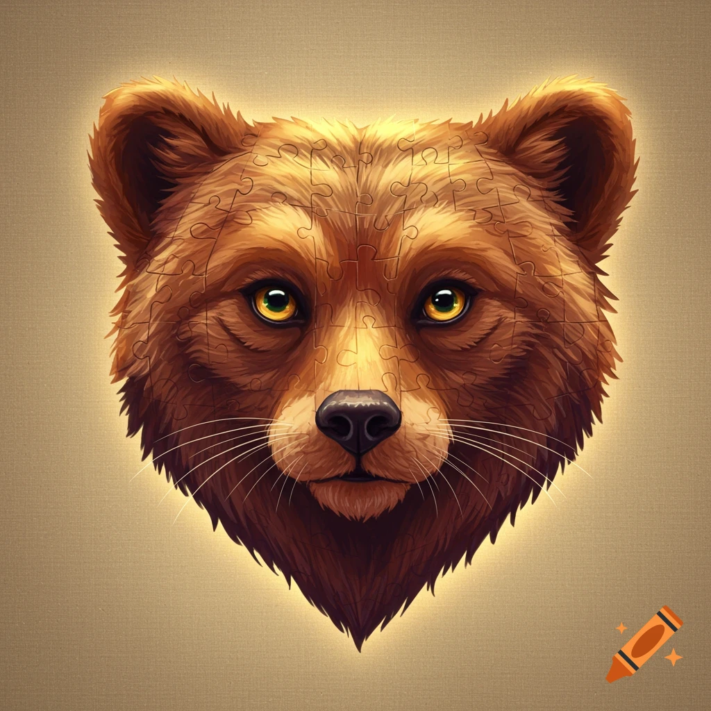 Stylized brown bear or bearcat head made of interlocking puzzle pieces, with prominent yellow eyes.