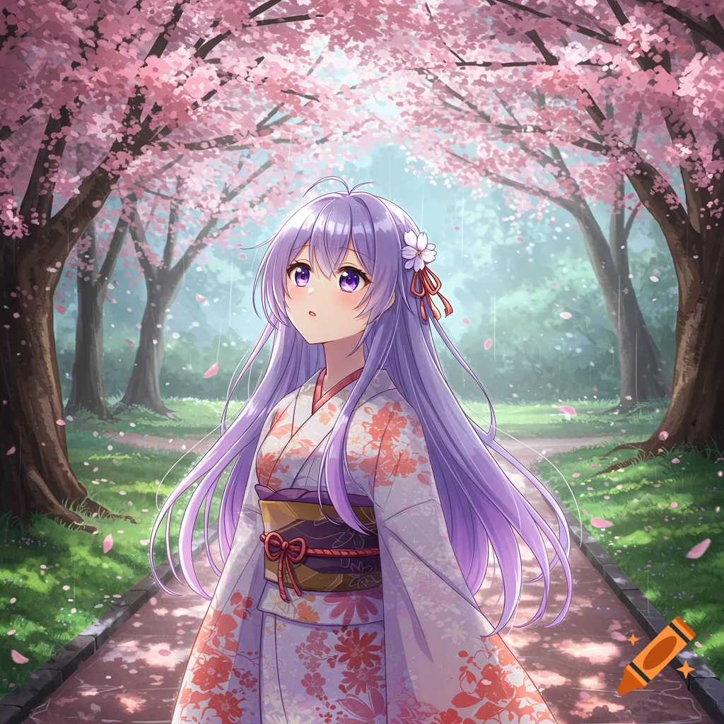 Anime girl with long purple hair in a floral kimono stands on a path under blooming pink cherry blossom trees.