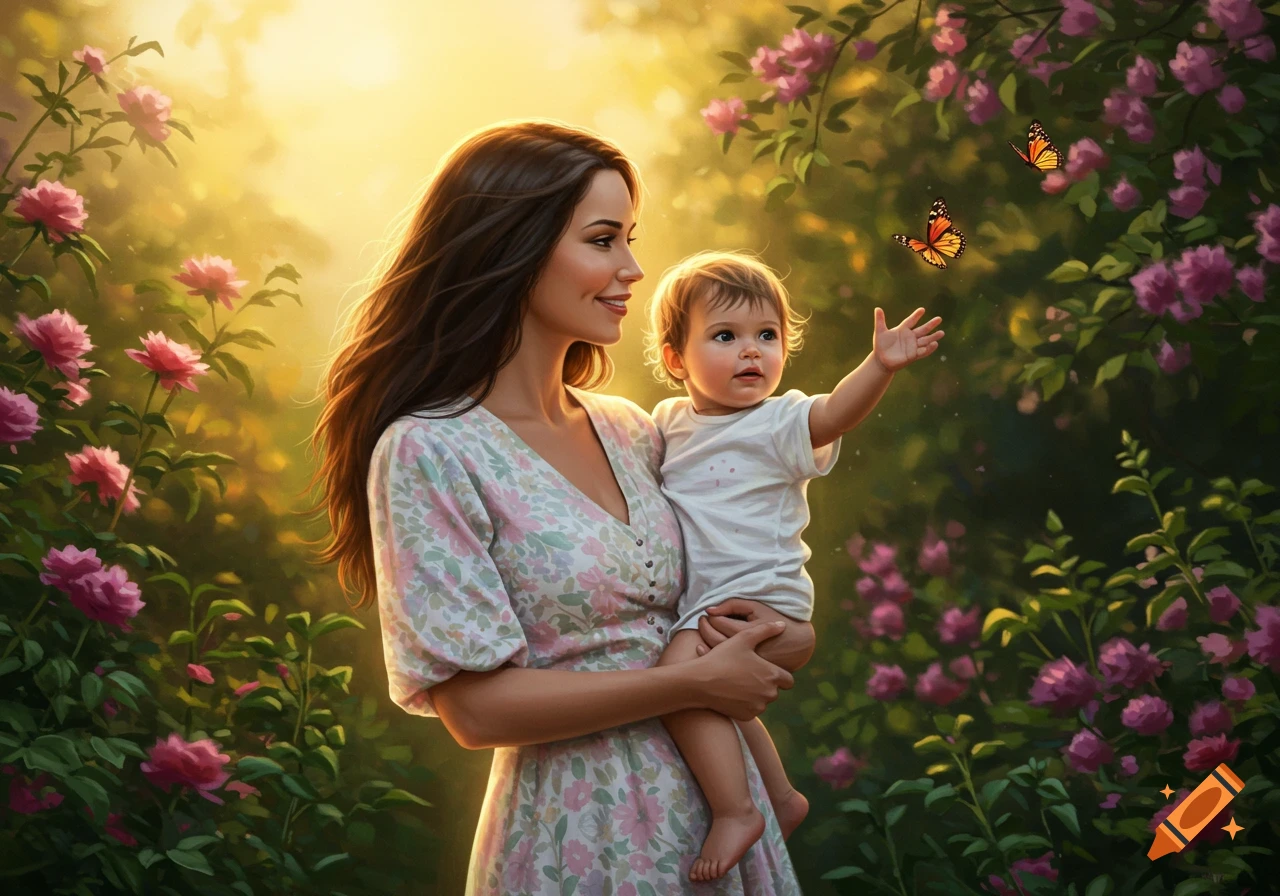 A mother holds her baby in a sunlit garden with pink flowers as the baby reaches for a butterfly.