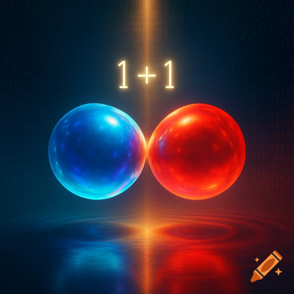 Two glowing orbs, one blue and one red, float above a reflective surface, with '1+1' in bright text above them and binary code in the background.