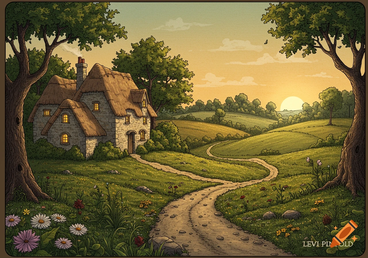 An illustrated idyllic landscape featuring a stone cottage with a thatched roof, rolling green hills, a winding path, and trees under a sunset sky.