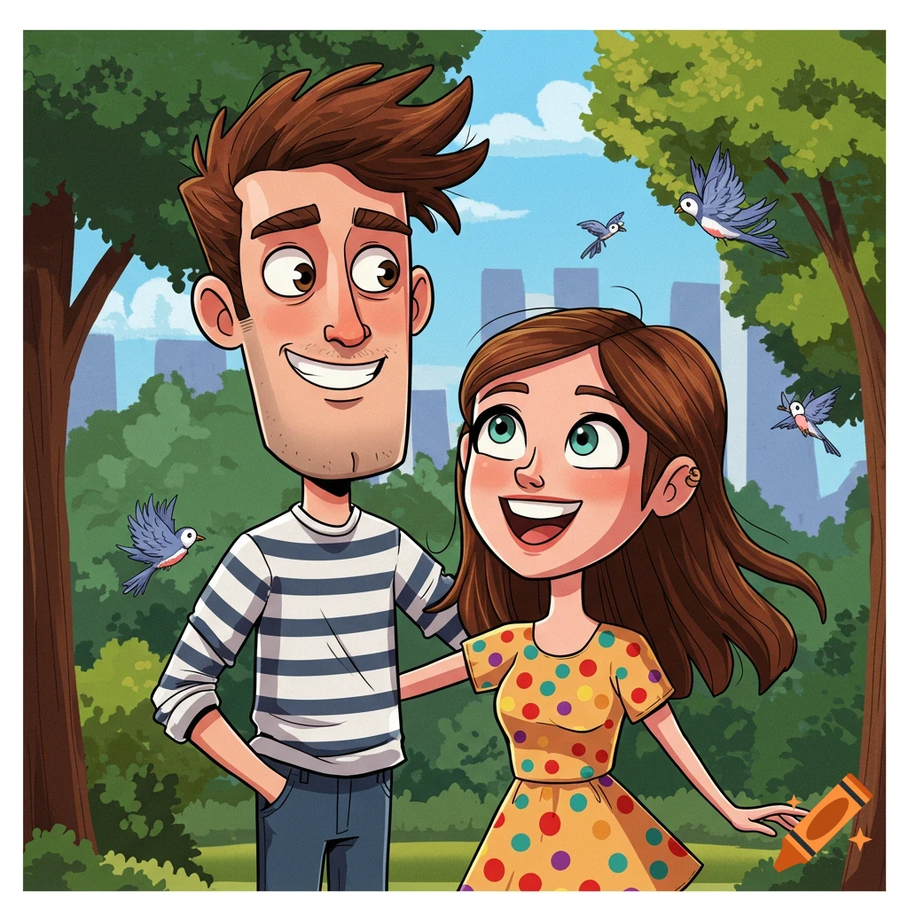 Smiling cartoon man and woman in a park with birds flying around.