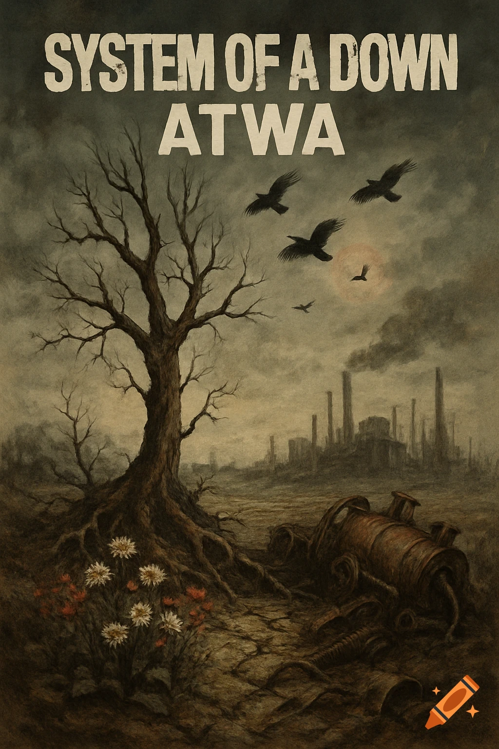 A bleak, dystopian album cover with a bare tree, flying birds, distant industrial buildings, and foreground text 'SYSTEM OF A DOWN ATWA'.