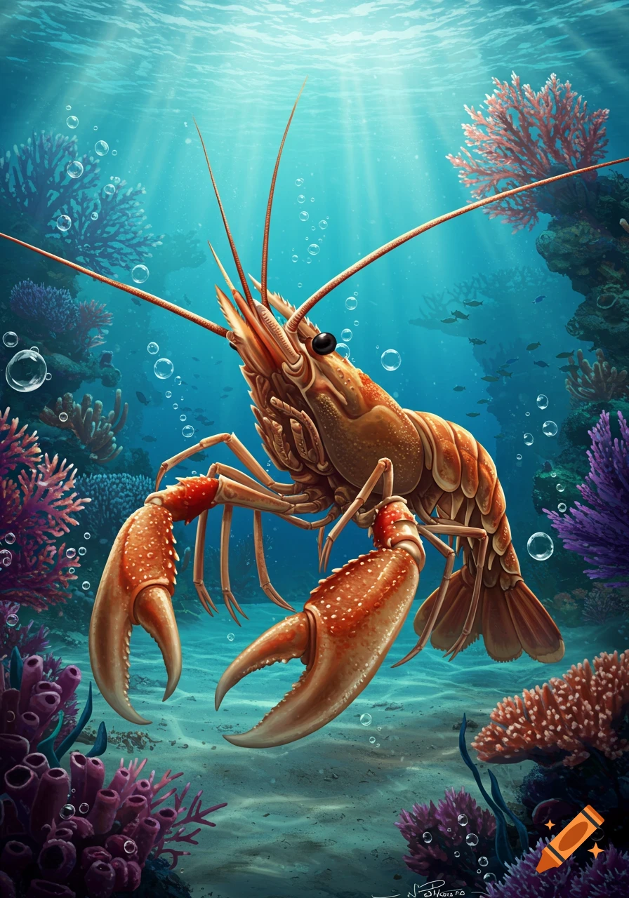 A vibrant illustration of a large orange langoustine swimming in a sunlit coral reef with colorful corals and bubbles.