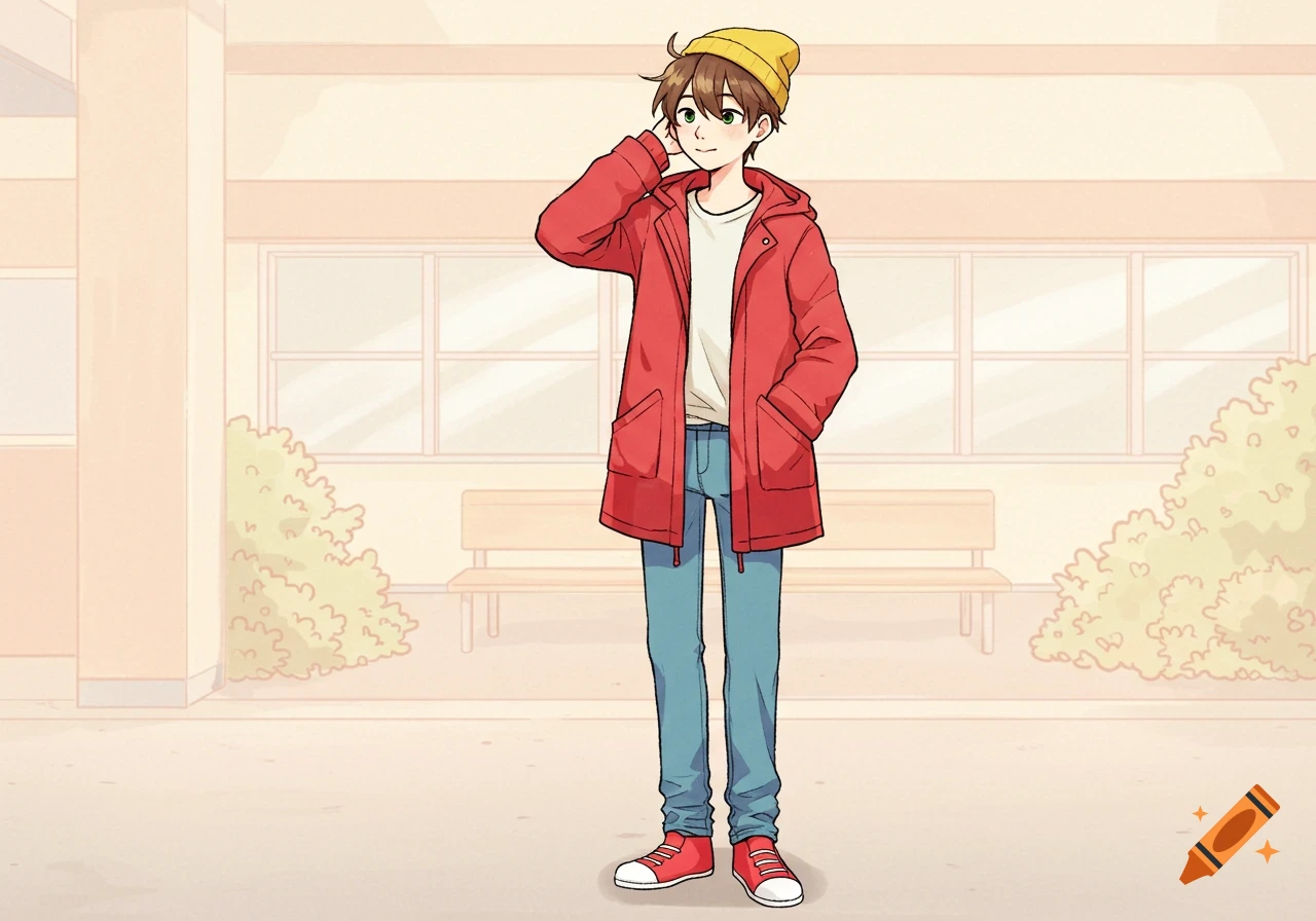 A young man with brown hair and a yellow beanie, wearing a red parka and blue jeans, stands in front of a school building in a pastel-toned cartoon style.