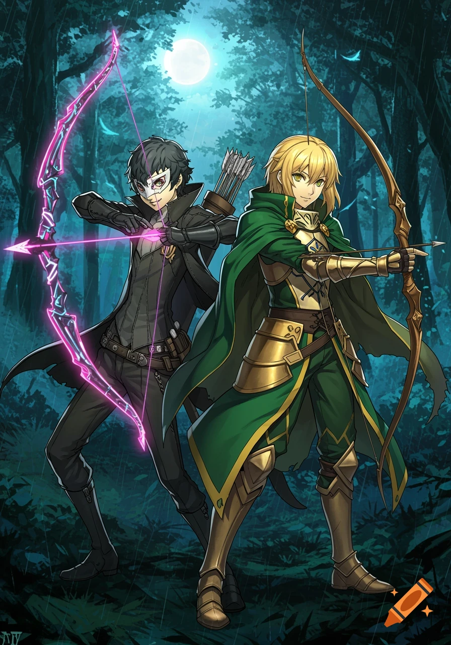 Two anime-style archers, one masked with a glowing purple bow and one in green and gold armor, stand in a moonlit forest.