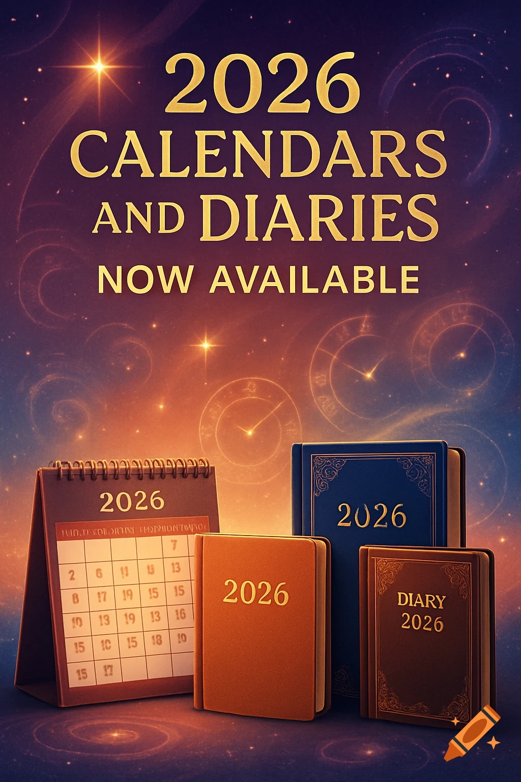 A promotional image for 2026 calendars and diaries, set against a vibrant starry sky background with celestial patterns. A desk calendar, an orange book, a blue book, and a brown book are displayed, all labeled with '2026' or 'DIARY 2026'.