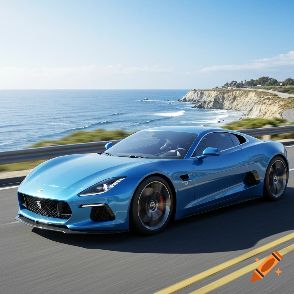A vibrant blue sports car drives along a scenic coastal highway overlooking the ocean under a clear sky.