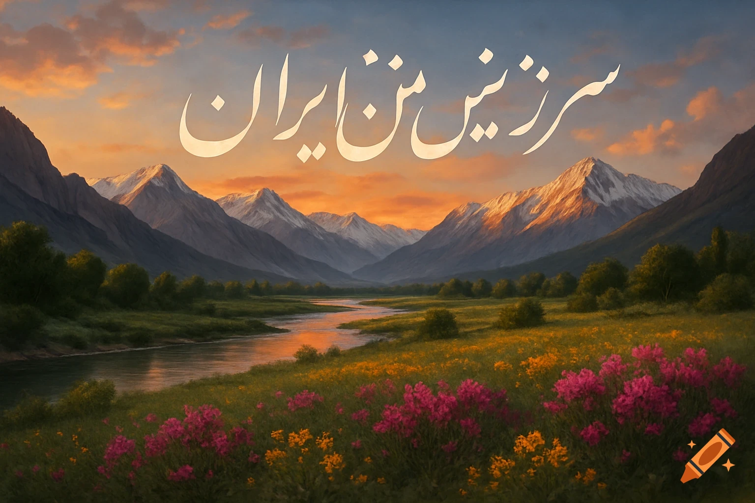 Scenic landscape with snow-capped mountains, river, and wildflowers at sunset, with Persian text in the sky.