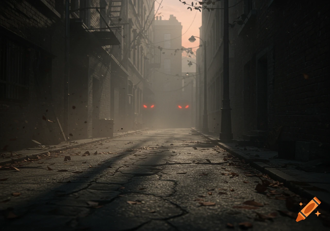 A dark, foggy alleyway with glowing red eyes visible in the distant haze, giving a creepy and mysterious atmosphere.