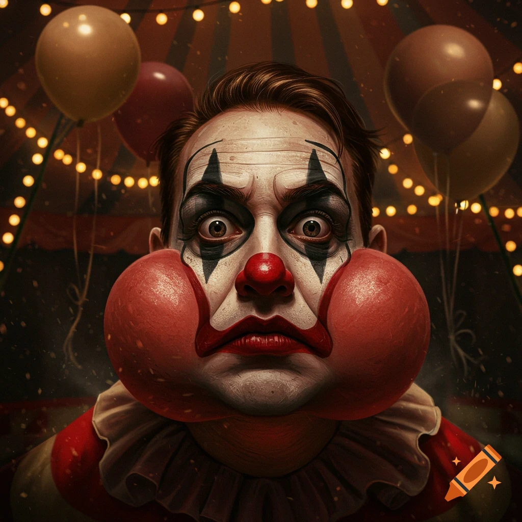 Close-up photorealistic portrait of an intense clown with exaggerated puffy red cheeks and a red nose, in a circus tent.