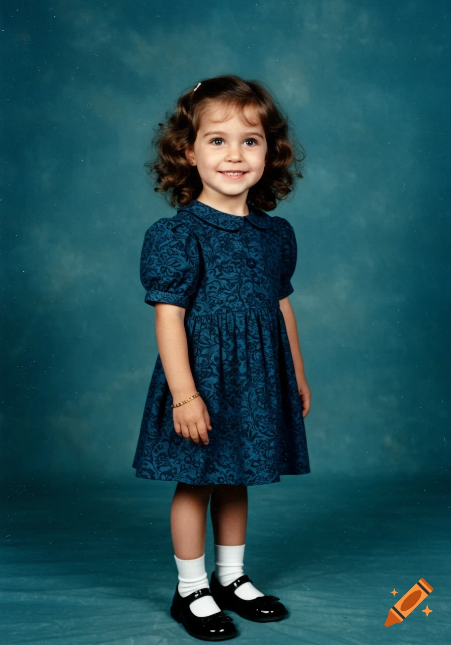 A smiling young girl with curly brown hair in a dark blue patterned dress, white socks, and black Mary Jane shoes stands against a teal background in a 1990s style portrait.