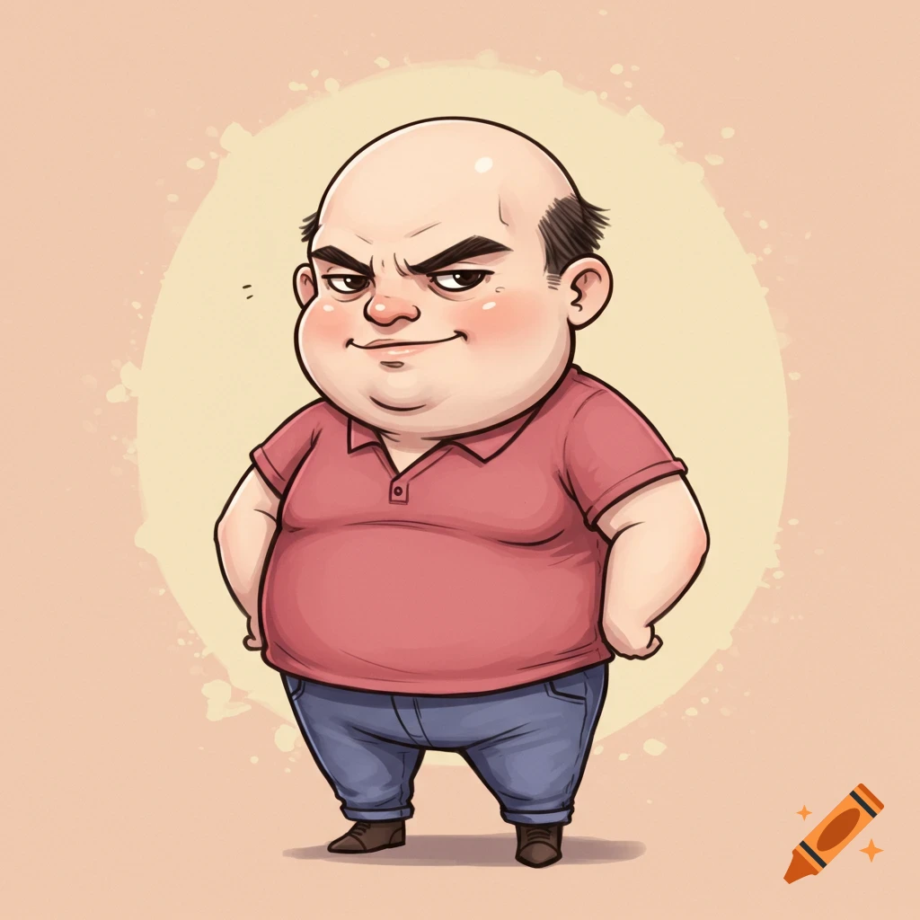 A smug, chubby, bald cartoon man in a red polo shirt and blue jeans, drawn in a chibi style.
