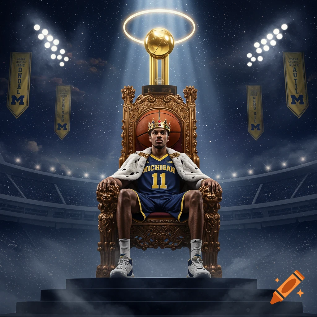 A basketball player in a crown and royal robe sits on a golden throne in a stadium under a starry sky, with a large basketball trophy.