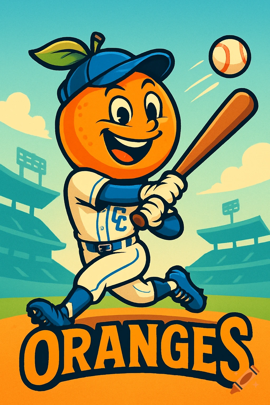 A smiling cartoon orange in a baseball uniform swings a bat in a stadium, with 'ORANGES' text below.
