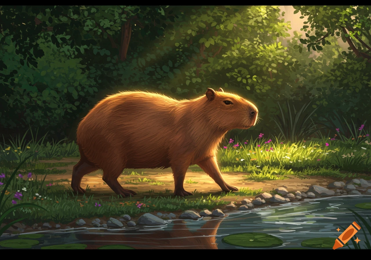 An illustrative depiction of a capybara walking along a dirt path next to a stream in a sunlit forest.