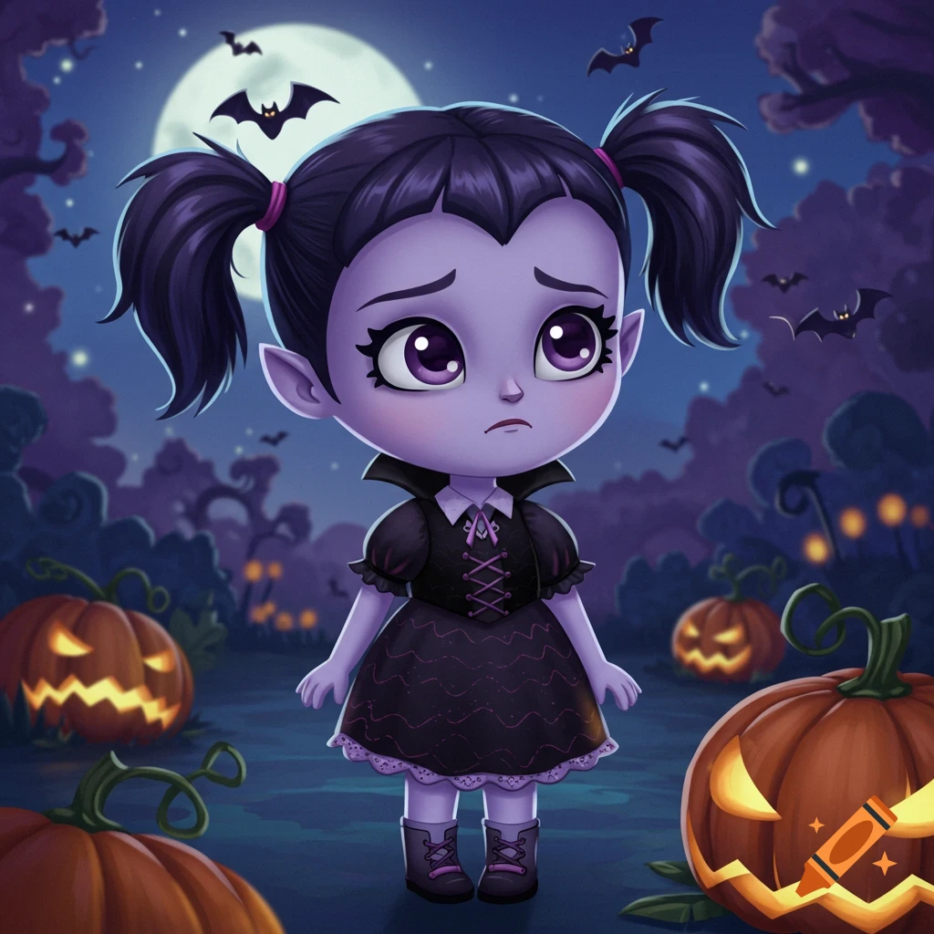 A sad cartoon vampire girl with purple skin and pigtails stands among jack-o'-lanterns and bats under a full moon.