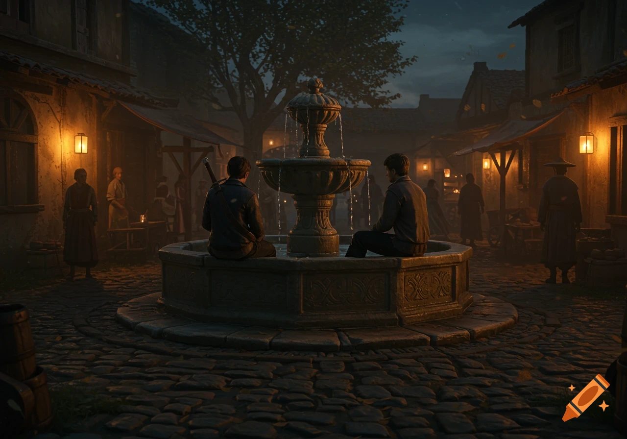 Two men sit on a fountain in a dark, atmospheric village square at night, with lanterns illuminating cobblestone streets and distant figures. Cinematic, hyper-realistic.