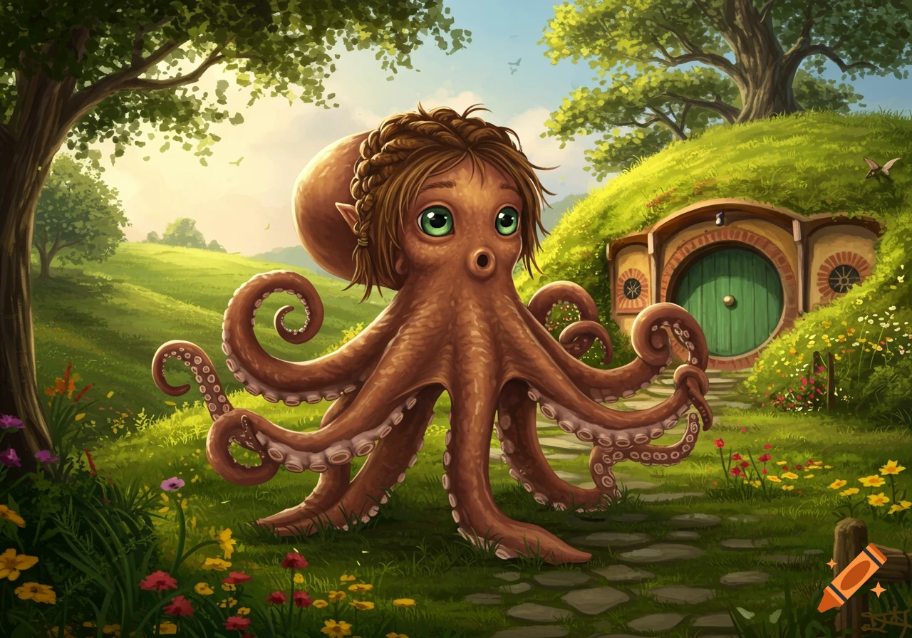 A whimsical, cartoonish brown octopus-humanoid with green eyes and braids stands on a path in a lush green landscape with a hobbit house.