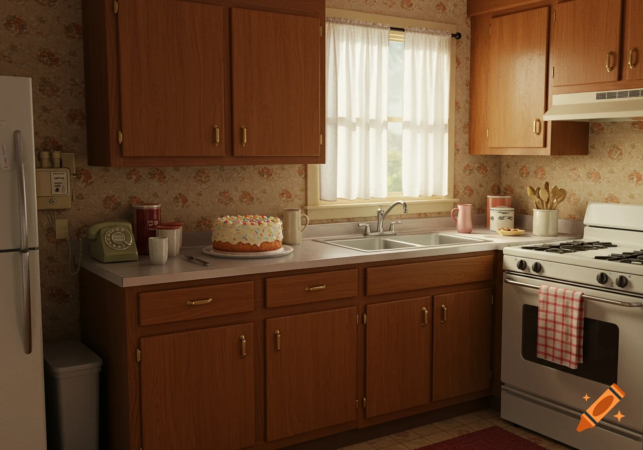 A vintage-style kitchen with wooden cabinets, a white stove, a colorful cake on the counter, a green rotary phone, and a double sink.