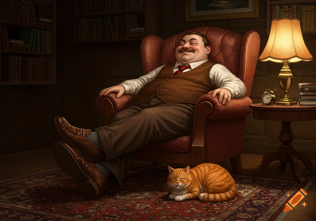 A portly man with a mustache relaxes in a red armchair in a library, as an orange cat rests on the patterned rug.