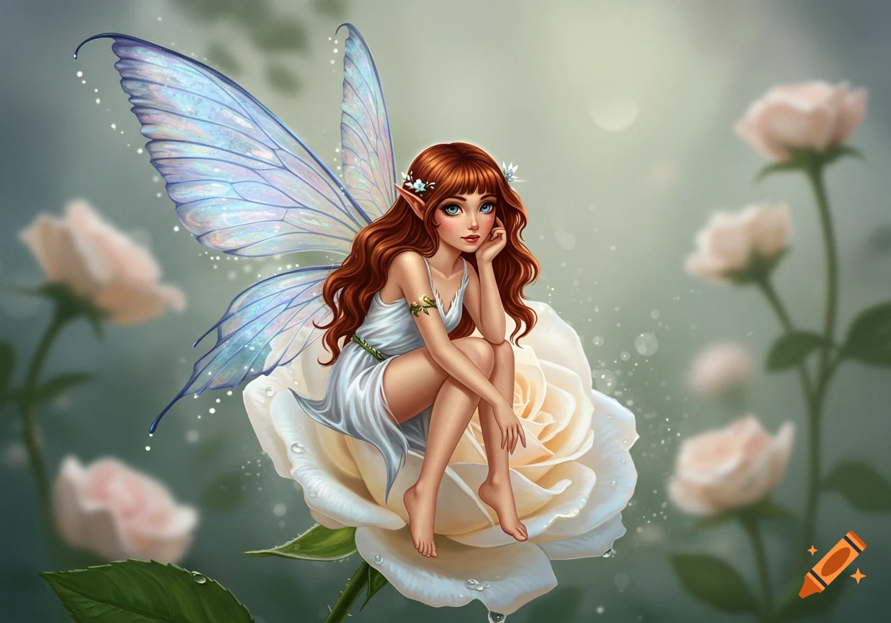 A cute fairy with brown hair and blue wings sits on a large white rose in a soft, bright garden. Digital art style.