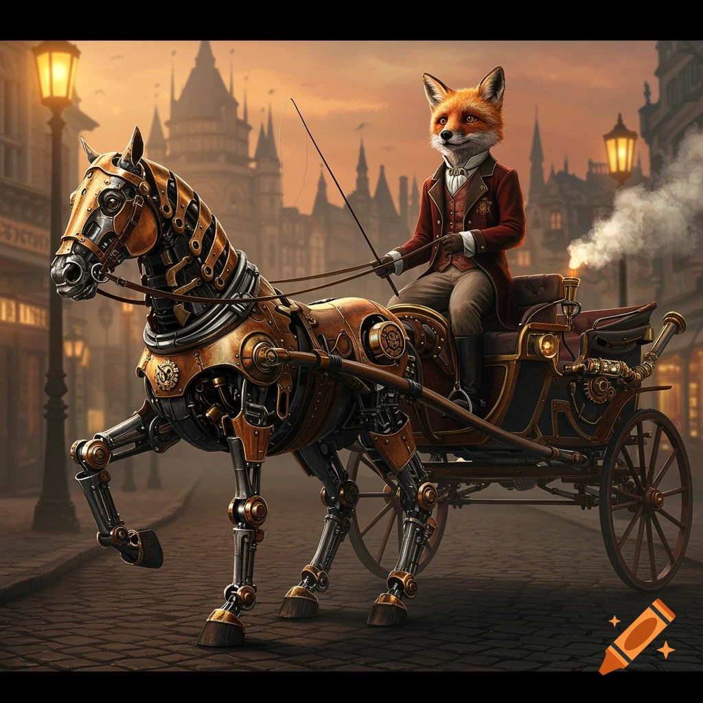 A steampunk fox in a suit drives a complex steampunk horse and carriage down a cobblestone street in an old city.