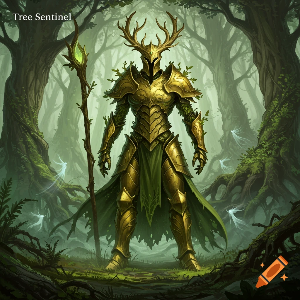 A golden armored figure with an antlered helmet, holding a staff, stands in a mystical forest. Text reads "Tree Sentinel."