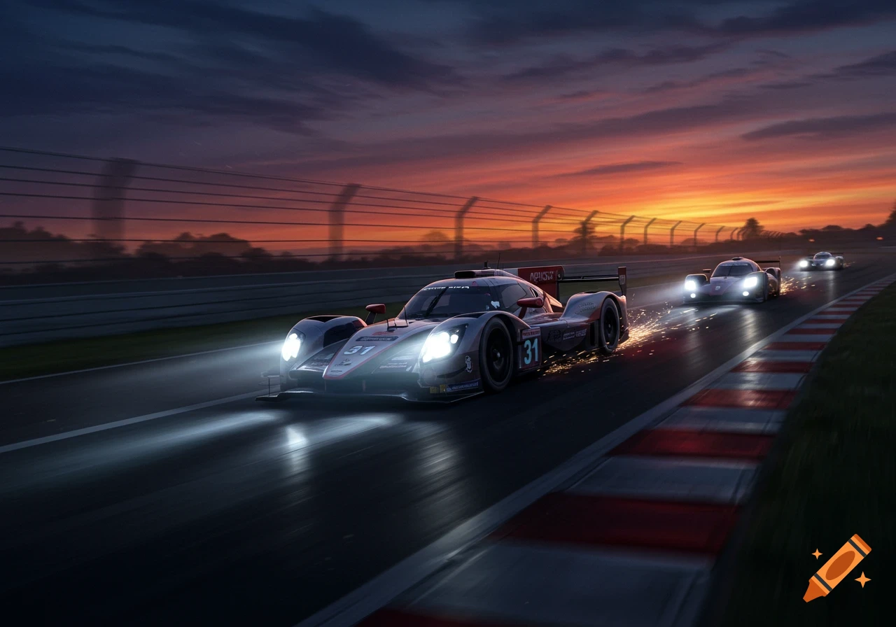 Photorealistic image of multiple LMP2 race cars racing on a track at sunset, with one car close up, headlights on, and sparks flying.