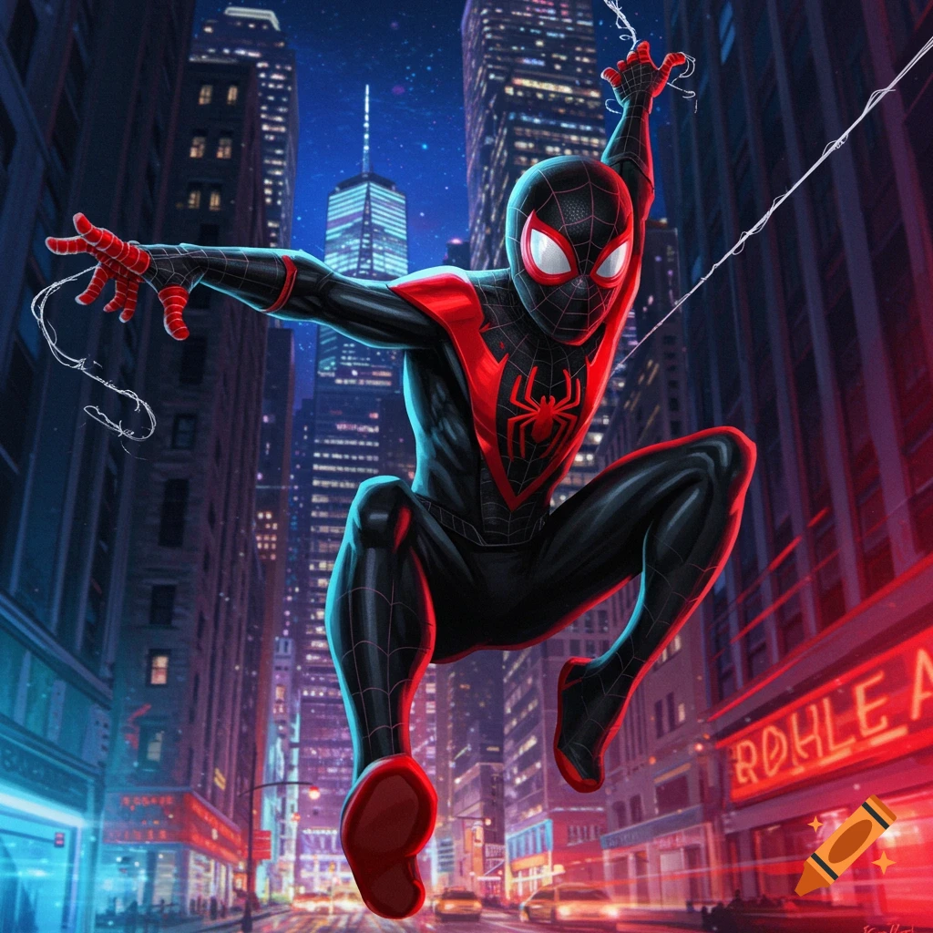 Miles Morales Spider-Man swings through a neon-lit city at night, reaching out with a web line in a dynamic comic art style.
