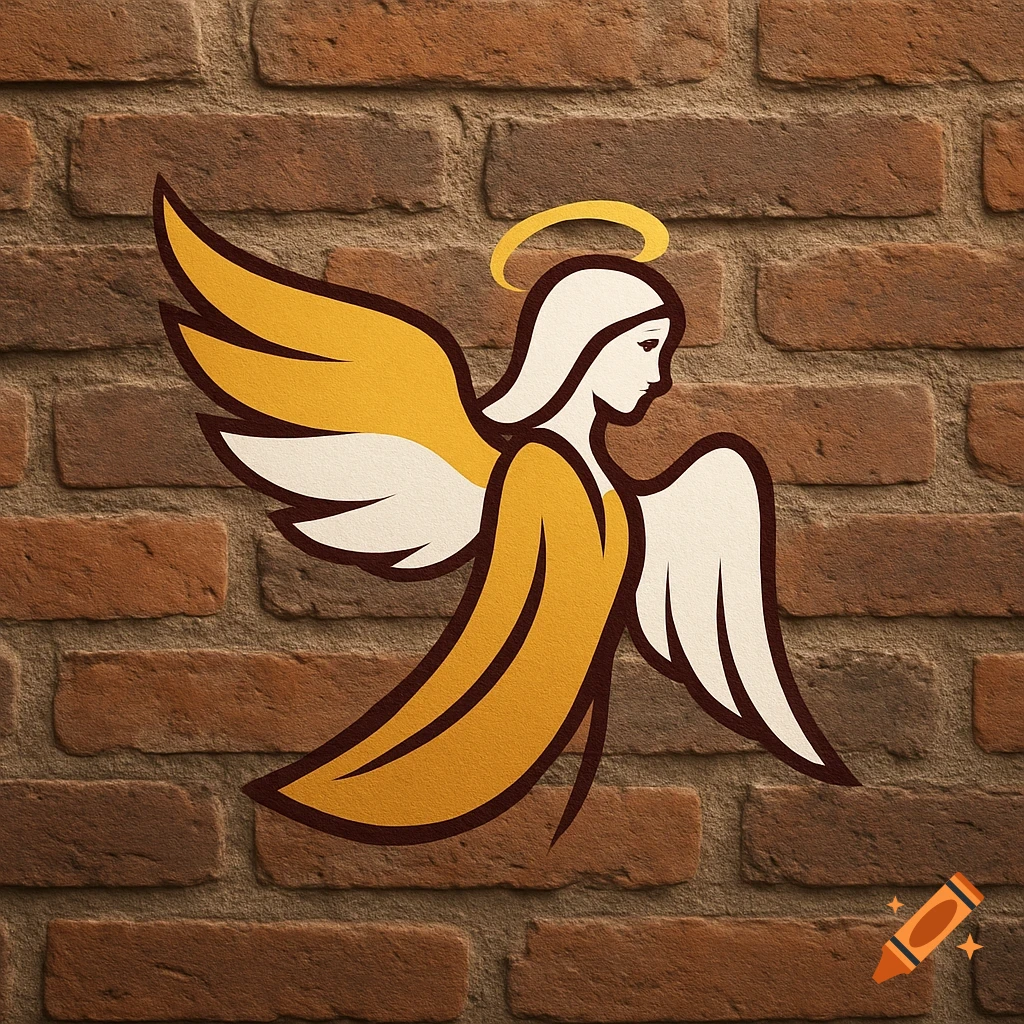 A stylized angel logo with golden wings and robe, and a halo, against a brick wall.