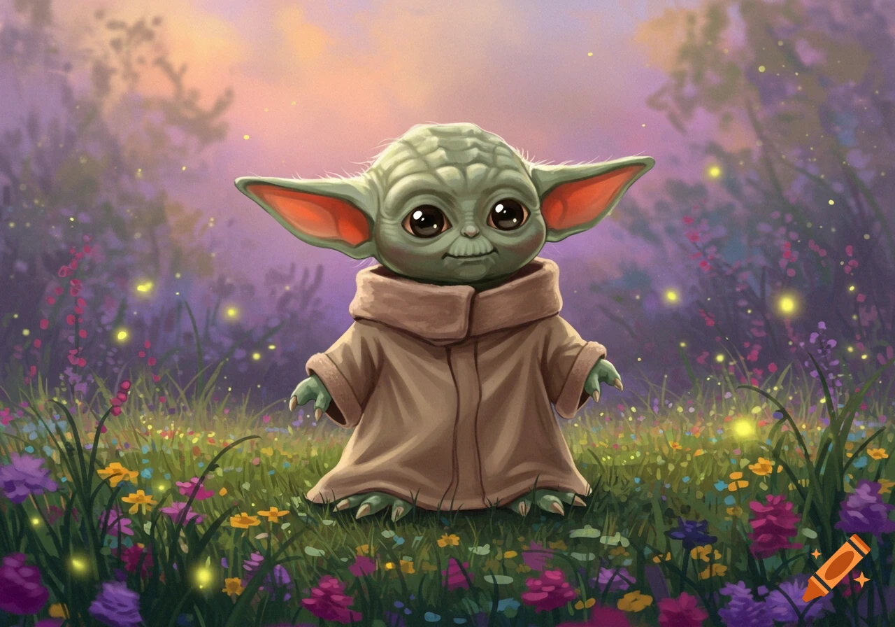 A cutesy illustration of Baby Yoda standing in a field of colorful flowers with glowing fireflies at dusk.