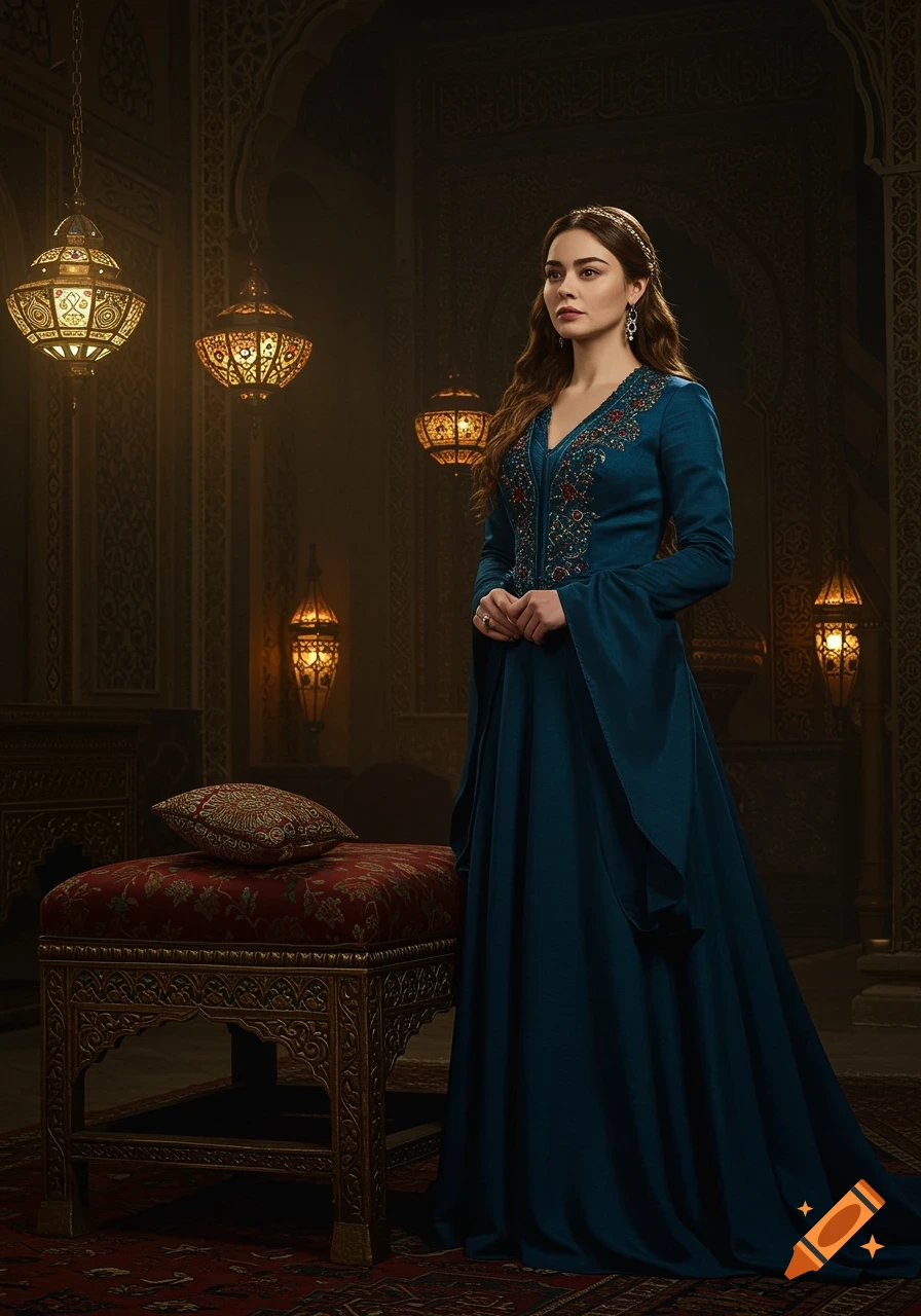 A woman in a teal, embroidered historical gown stands in an ornate, dimly lit room with glowing lanterns.
