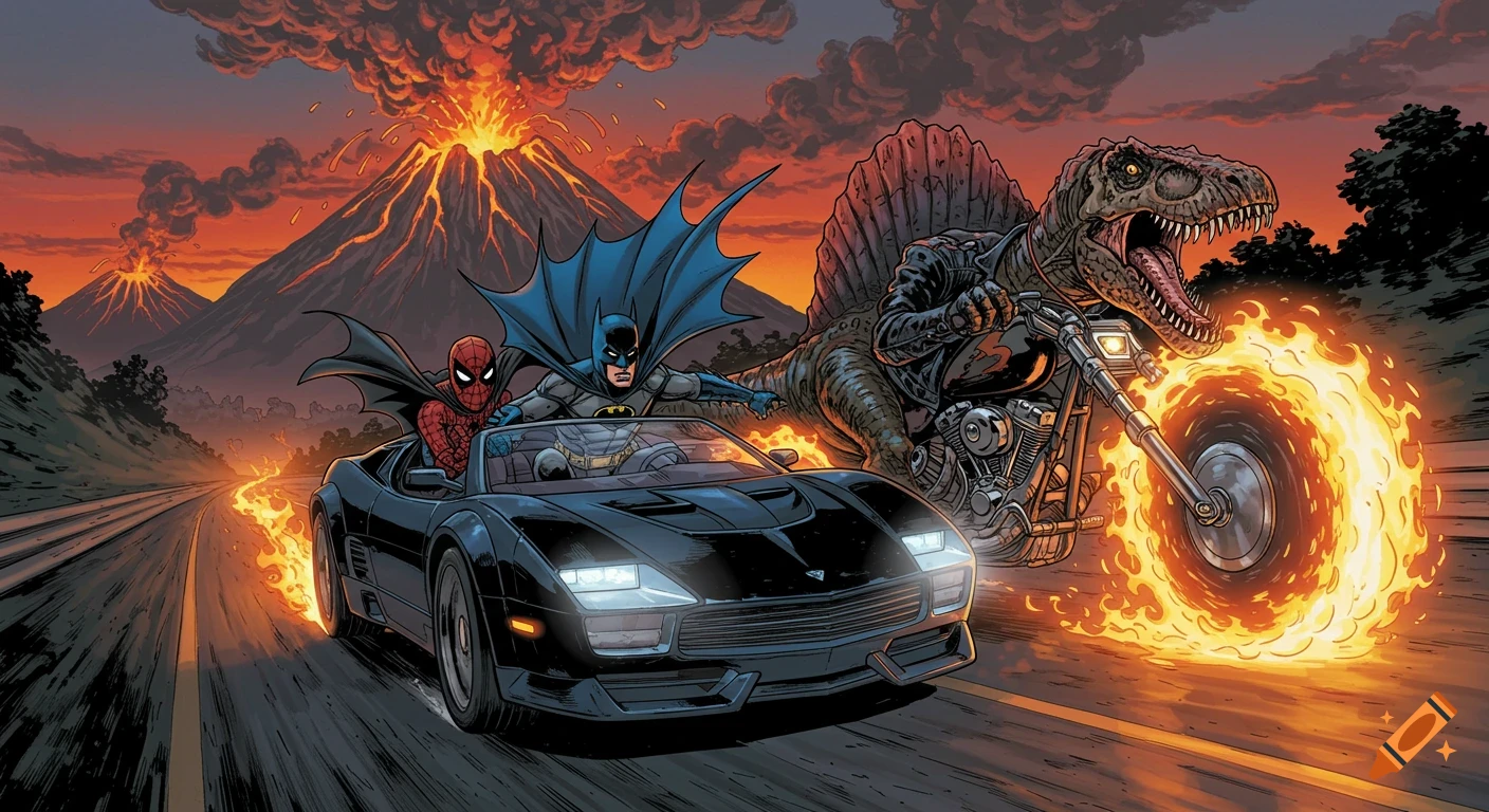 Batman and Spider-Man ride a black car past erupting volcanoes, while a Spinosaurus on a flaming motorcycle races alongside, comic book style.