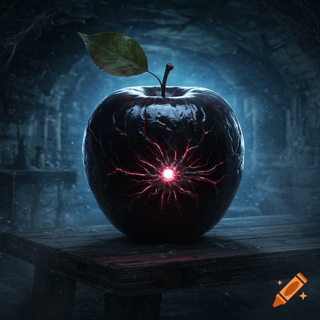 A dark, ominous apple with glowing red cracks and a bright red core sits on a wooden table in a dimly lit, mysterious setting.