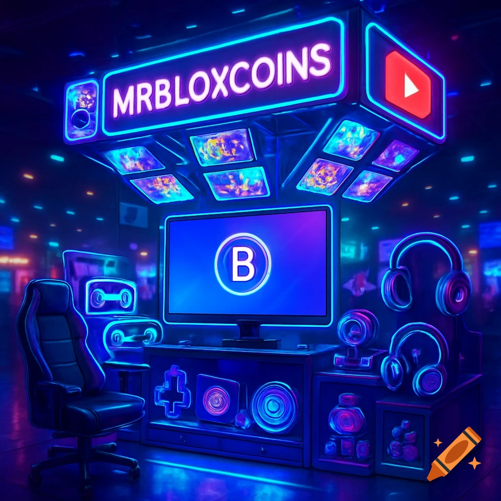 A neon-lit gaming or streaming setup with a monitor displaying a 'B' symbol, headphones, gaming chair, and a 'MRBLOXCOINS' sign.