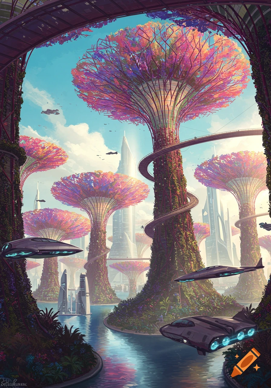 A vibrant futuristic landscape with colossal colorful trees, flying vehicles, and modern skyscrapers reflected in serene waterways.