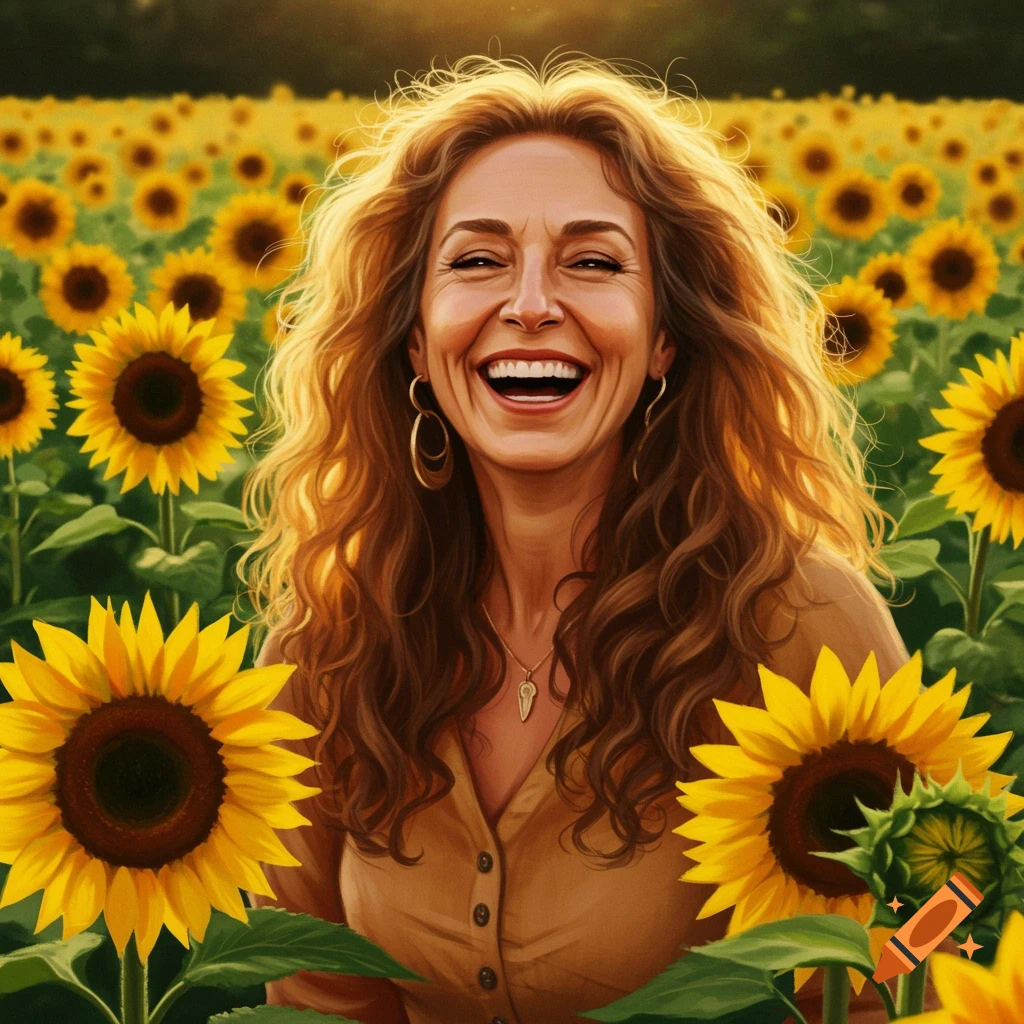 A joyful woman with long, curly hair laughs brightly in a sunlit field of sunflowers.